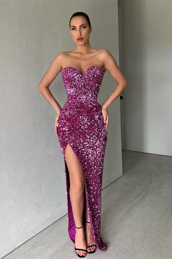 Beautiful Sweetheart Sequins Evening Dresses Mermaid Long Slit Evening Gowns