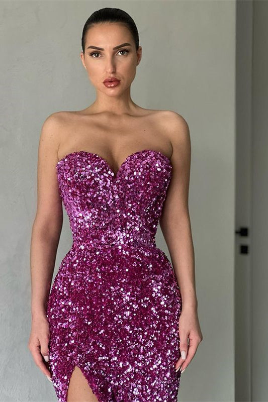 Glorious Sweetheart Prom Dress Mermaid Long Split Prom Gowns  Sequins