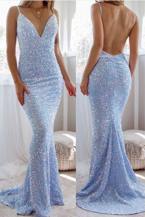 Elegant Backless Prom Dress Mermaid Sequins Sleeveless Spaghetti-Straps