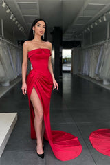 Red Long Prom Dress Mermaid With Slit Strapless