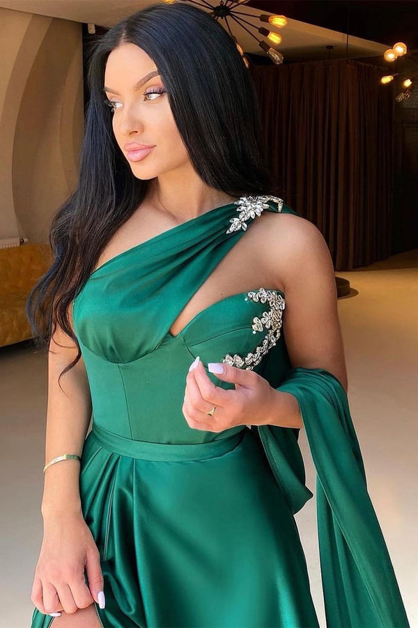 Fabulous Emerald Green One Shoulder Evening Dress Long With Slit Beadings
