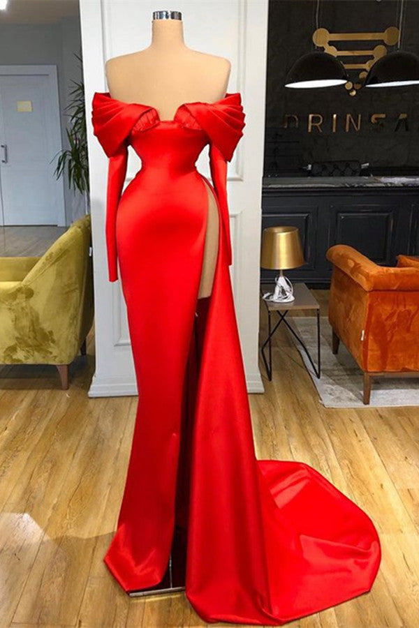 Fabulous Red Off-the-Shoulder Long Sleeves Evening Dresses Mermaid Slit On Sale