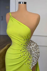 Fabulous Yellow Green One Shoulder Prom Dresses Mermaid Long Slit With Beadings