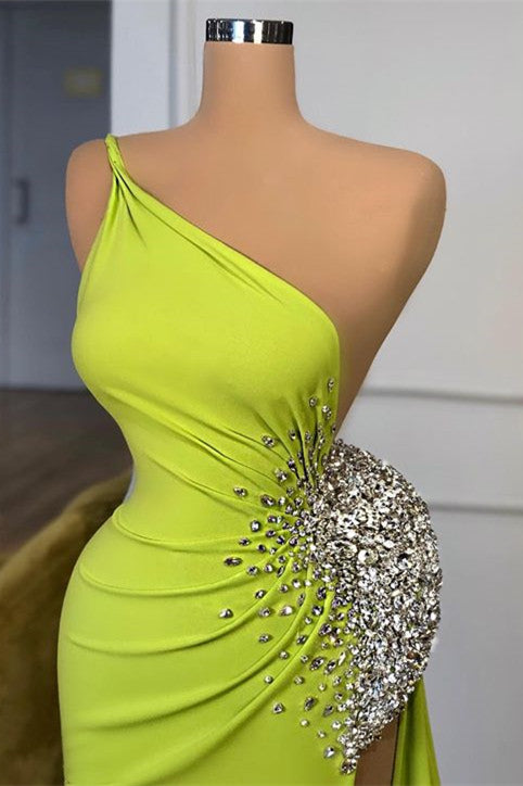 Fabulous Yellow Green One Shoulder Prom Dresses Mermaid Long Slit With Beadings