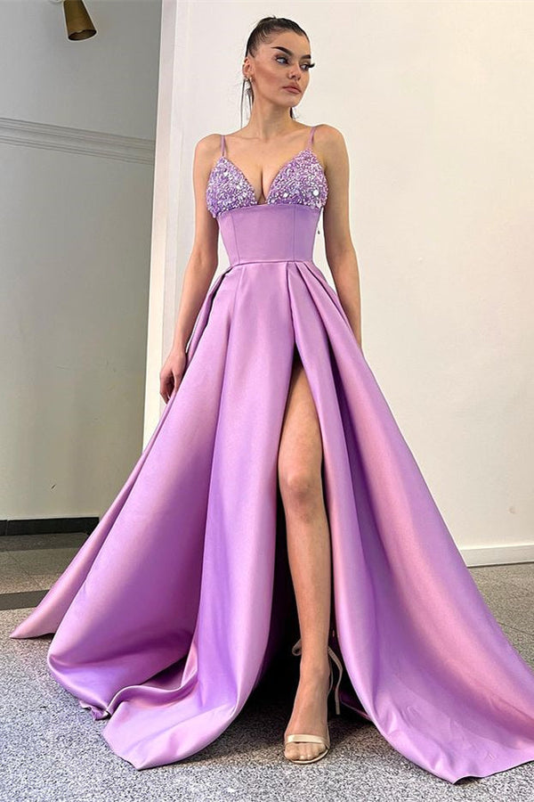 Fabulous Lilac Spaghetti-Straps Sleeveless Evening Dresses Slit Long With Sequins