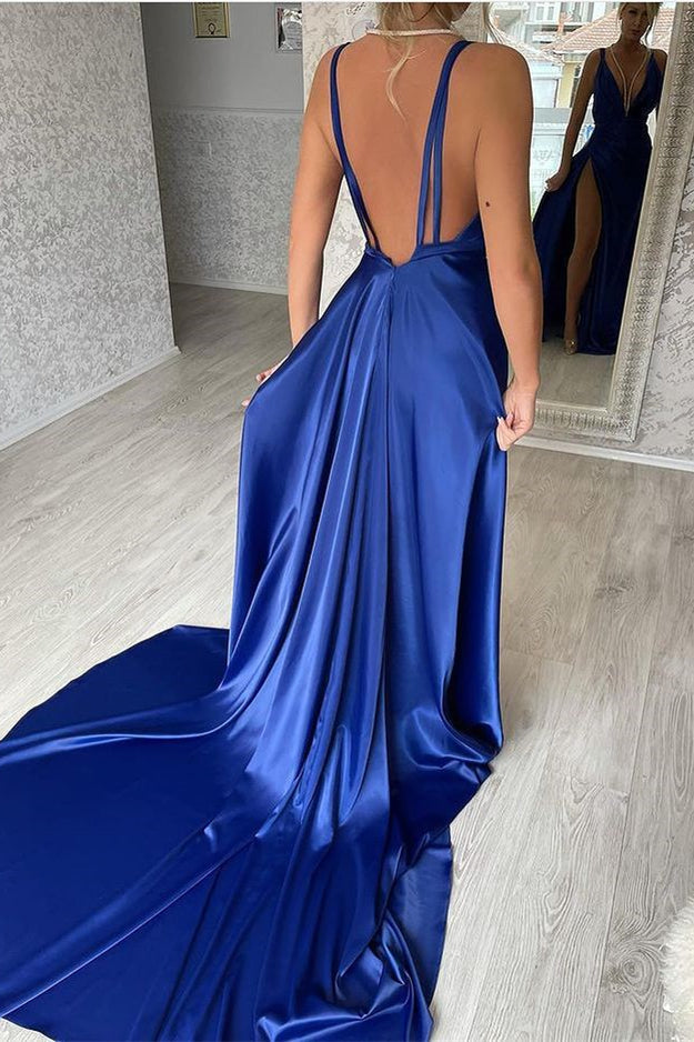 New In Royal Blue V-Neck Sleeveless Evening Dresses Mermaid Slit