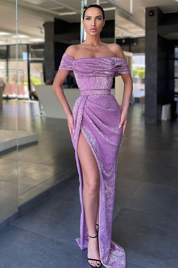 Lilac Sequins Prom Dress Long With Slit Off-the-Shoulder