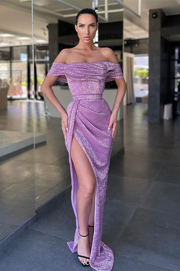 Lilac Sequins Prom Dress Long With Slit Off-the-Shoulder