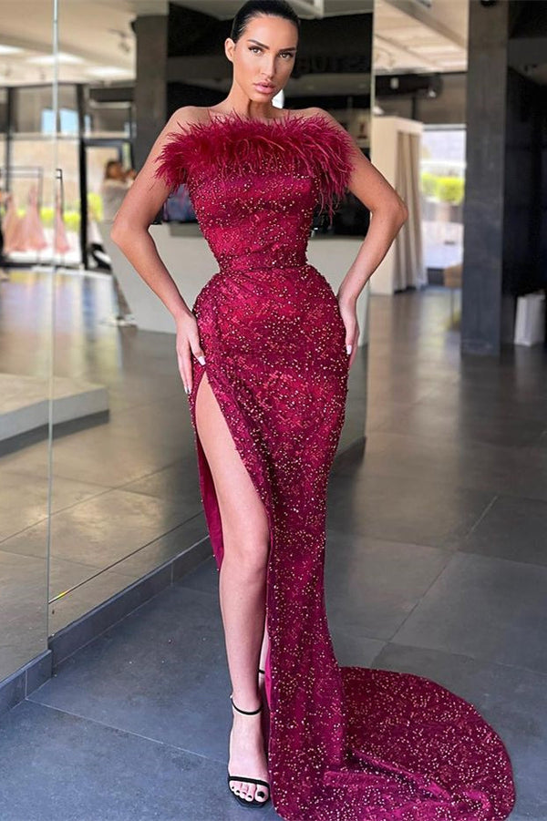 Gorgeous Burgundy Strapless Prom Dresses Mermaid Slit With Sequins Beadings Feather