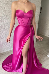 Glorious Fuchsia Long Prom Dress Split With Ruffles Sweetheart