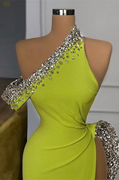 Fabulous Yellow Green One Shoulder Prom Dresses Mermaid Slit Long With Crystals