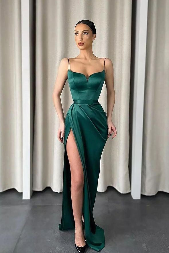 Dark Green Mermaid Prom Dress Long With Slit Spaghetti-Straps