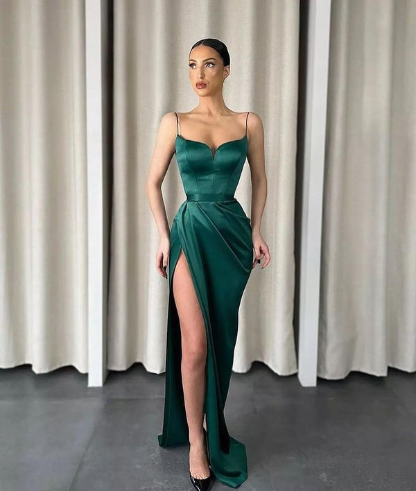 Fabulous Dark Green Spaghetti-Straps Prom Dresses Mermaid Long With Slit
