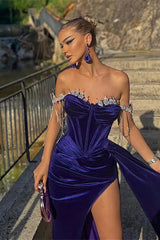 Off-the-Shoulder Mermaid Prom Dress Slit Long With beads Velvet