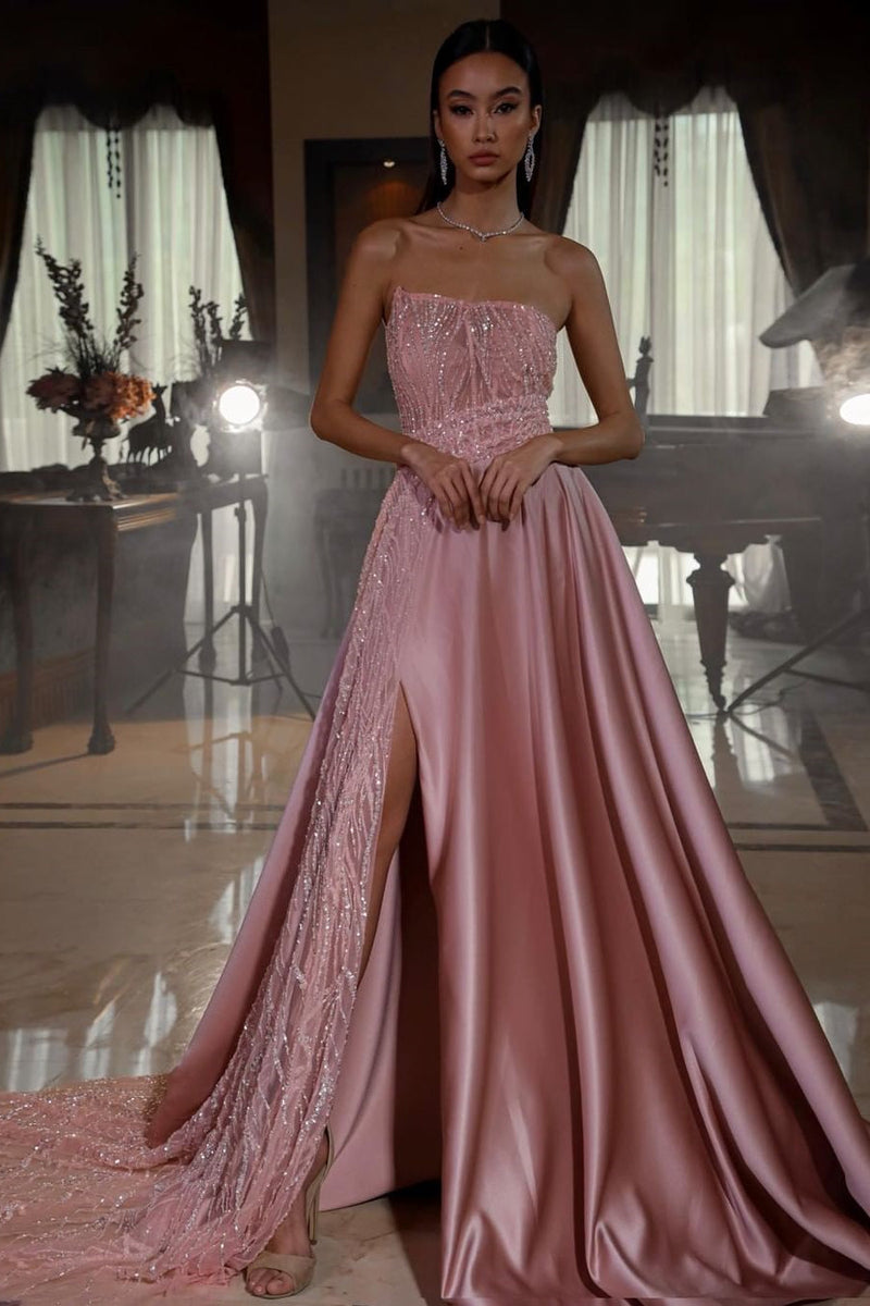 Dusty Pink Sequins Prom Dress Long Slit On Sale Strapless