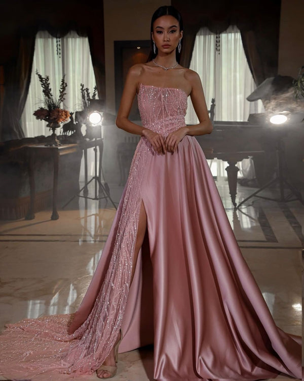 Gorgeous Dusty Pink Strapless Sequins Evening Dress Long Slit On Sale
