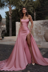 Dusty Pink Ruffles Mermaid Prom Dress Long With Slit Strapless