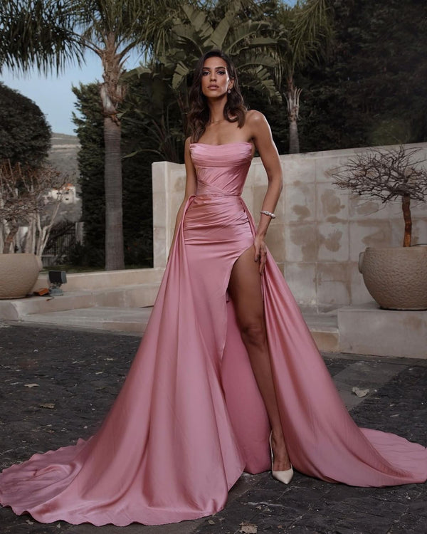 Gorgeous Dusty Pink Strapless Ruffles Prom Dresses Mermaid Long With Slit