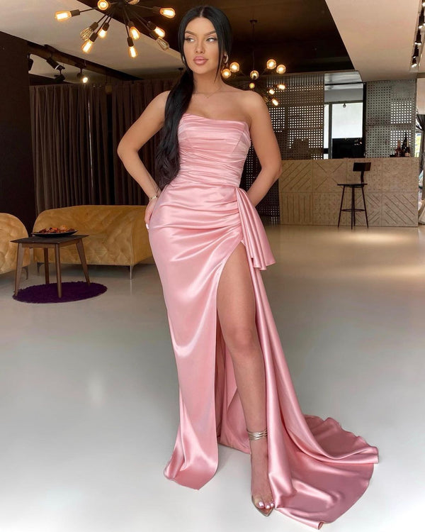 Elegant Pink Strapless Pleated Evening Dresses Mermaid Long With Slit