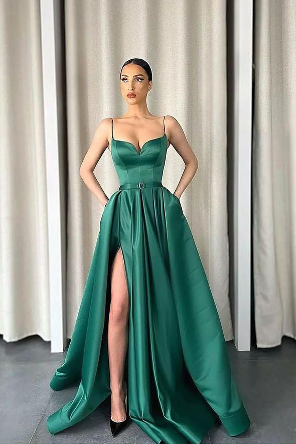 Dark Green Slit Prom Dress Long With Pockets Spaghetti-Strapes