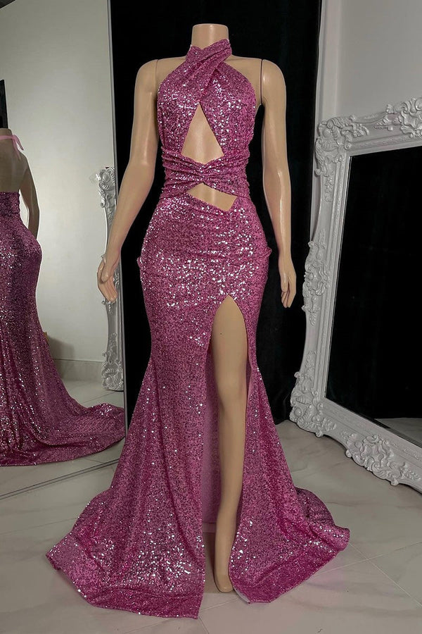 Classic Halter Pink Formal Wears Sequins Sleeveless Long With Split