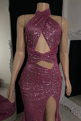 Classic Halter Pink Formal Wears Sequins Sleeveless Long With Split