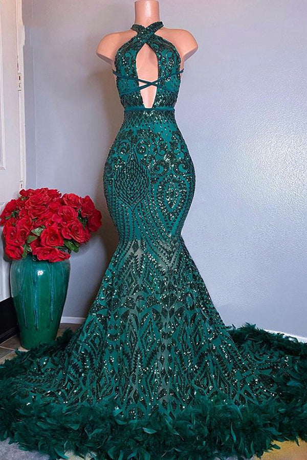 Classic Halter Sleeveless Mermaid Formal Wears Sequins Long With Feather Bottom