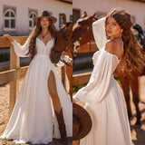Elegant White Long Sleeves Formal Wears Slit Long With Appliques Laces
