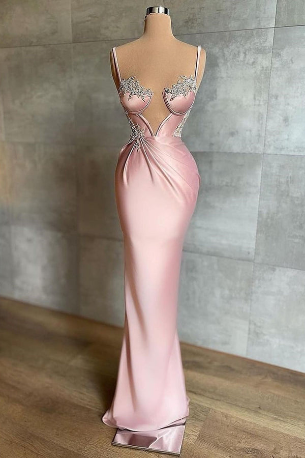 Pink Spaghetti-Straps Mermaid Formal Wears Sleeveless With Appliques