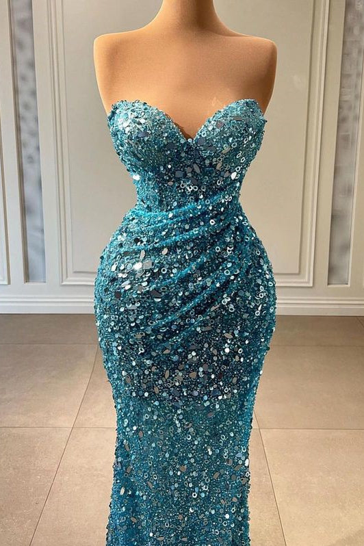 Modern Sweetheart Blue Mermaid Formal Wears Long With Sequins Beads