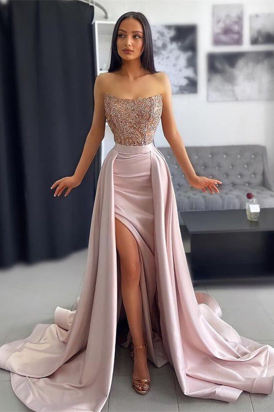 Classic Strapless Dusty Pink Formal Wears Mermaid Slit With Appliques Laces