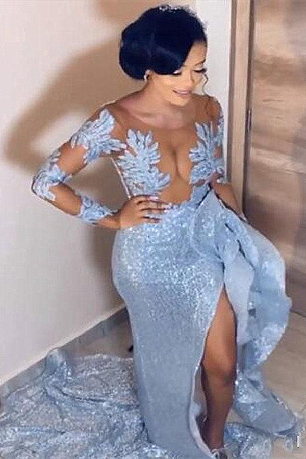 Mermaid Jewel Sequins Long Long Sleeve Appliques Lace High Split Formal Wears