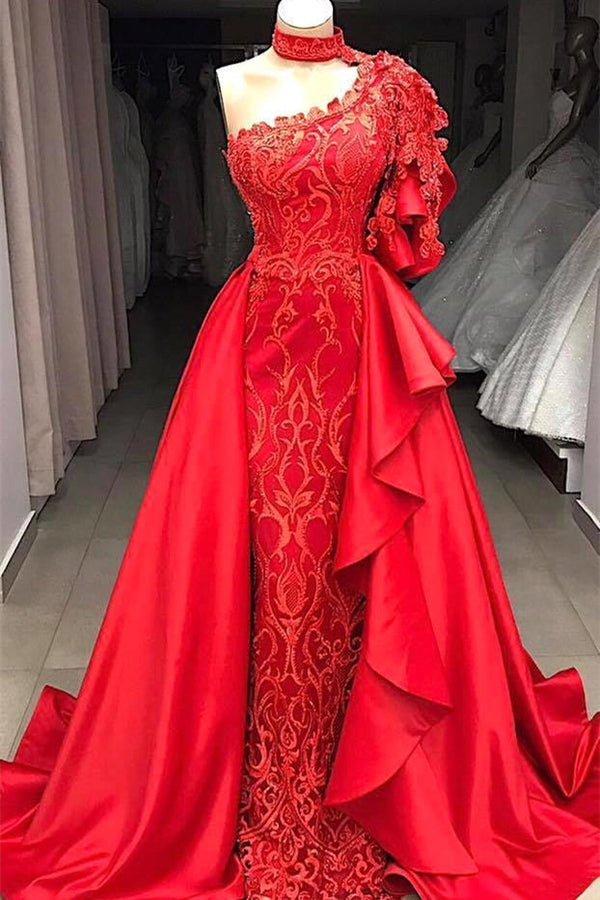 Mermaid High Neck One Shoulder Long Half Sleeve Appliques Lace With Side Train Formal Wears