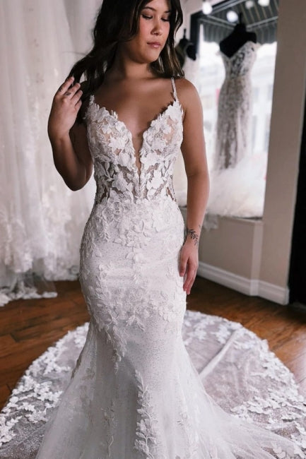 Modest Spaghetti-Straps Sleeveless Mermaid Lace Bridal Gowns On Sale