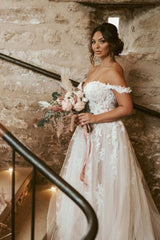 Modest Sweetheart Off-the-Shoulder Cap Sleeves Long Lace Bridal Gowns On Sale