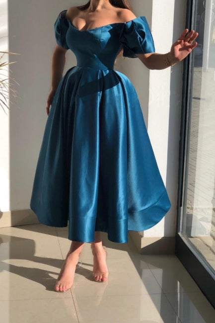 Amazing Blue Off-the-shoulder Satin Prom Dresses A-Line Ankle-Length