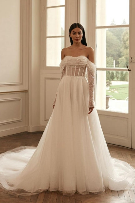 Charming Long Sleevess Long Off-the-Shoulder Bridal Gowns On Sale Sequined
