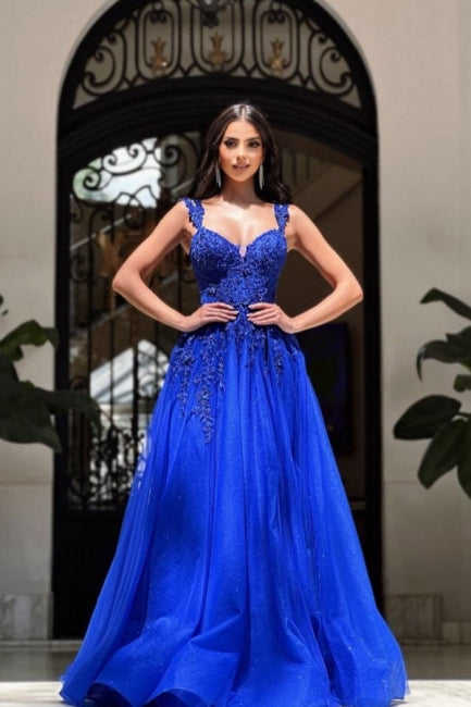 Royal Long Blue Sleeveless Ball Dresses A-line Lace Evening Gown