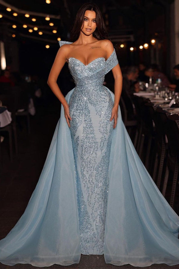 Amazing Long Blue A-line Off-the-shoulder Sleeveless Sequined Prom Dress With Detachable Train