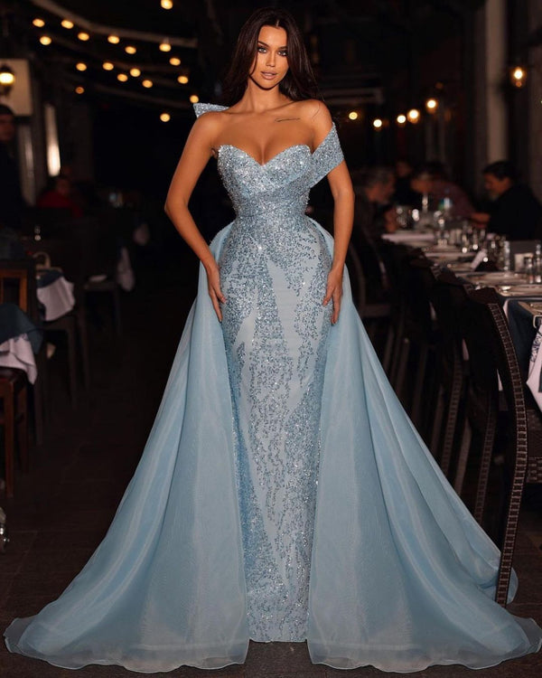 Amazing Long Blue A-line Off-the-shoulder Sleeveless Sequined Prom Dress With Detachable Train