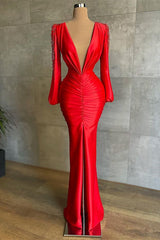 Amazing Deep V-Neck Red Long Sleeves Evening Dresses Mermaid