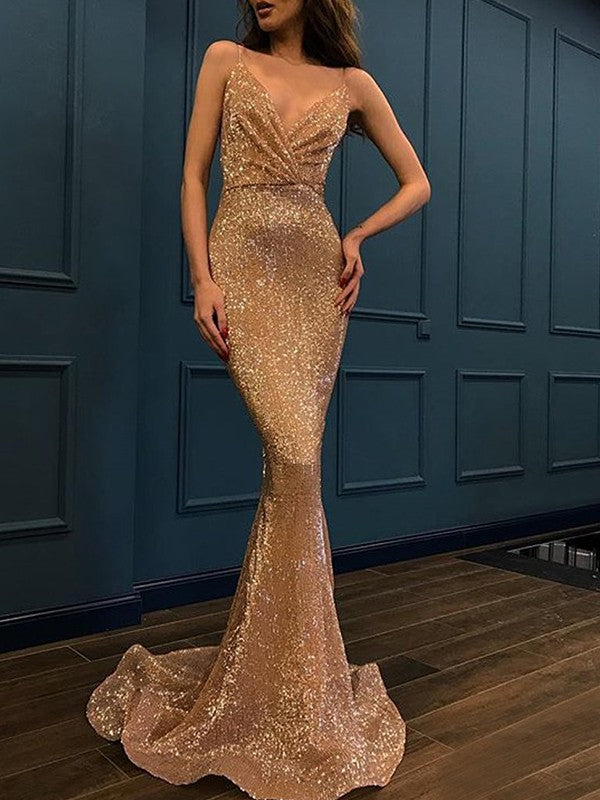 Beautiful Sleeveless Mermaid Spaghetti-Straps  Sequins Prom Dress