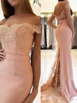 SheathOff-the-Shoulder Sleeveless  With Appliques Spandex Prom Dress