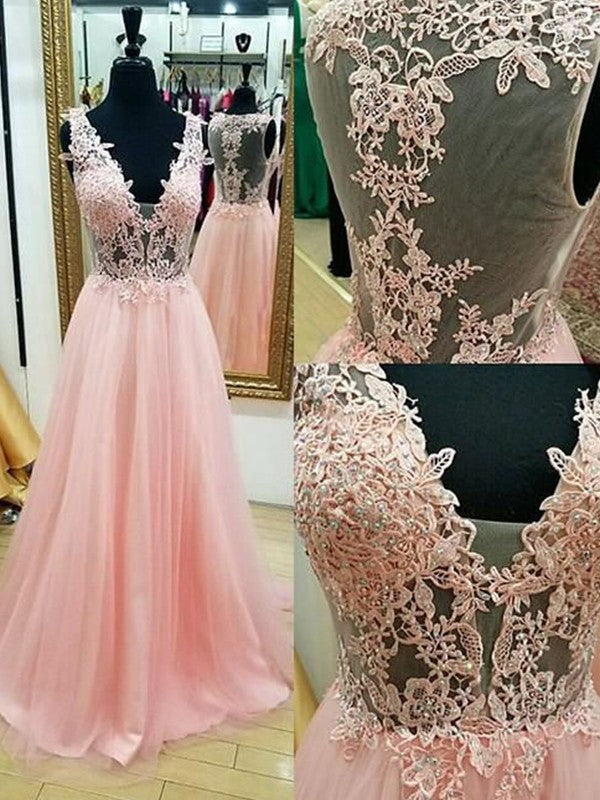 Gorgeous V-neck Sleeveless With Appliques Long Tulle Prom Dress