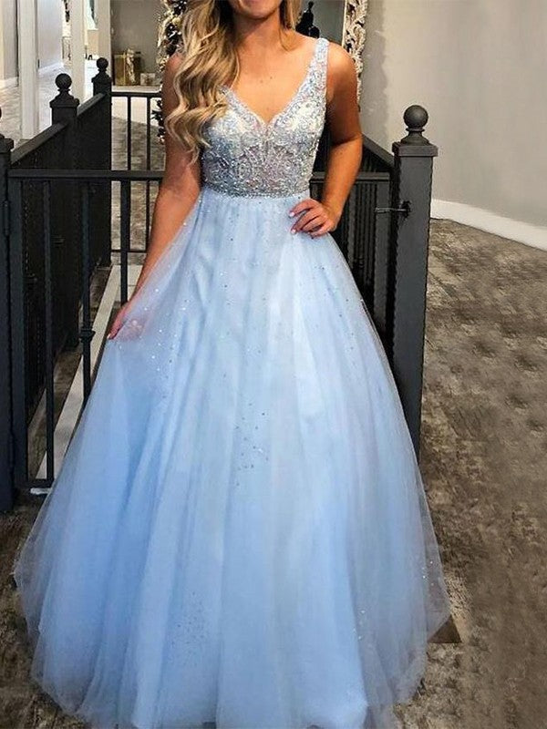 Gorgeous V-neck Sleeveless Long Beading Tulle Prom Dress