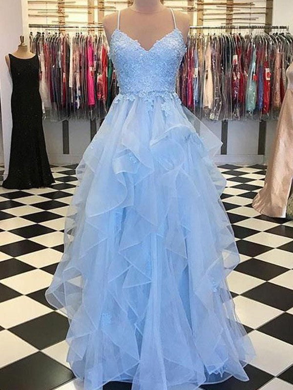 Sleeveless Amazing Spaghetti-Straps With Appliques Long Net Prom Dress