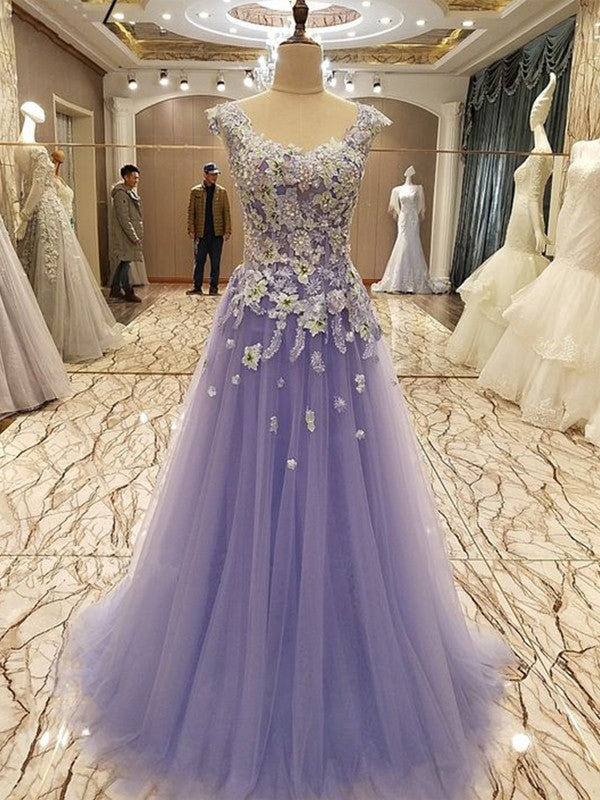 Sleeveless Amazing Scoop With Appliques Long Tulle Prom Dress