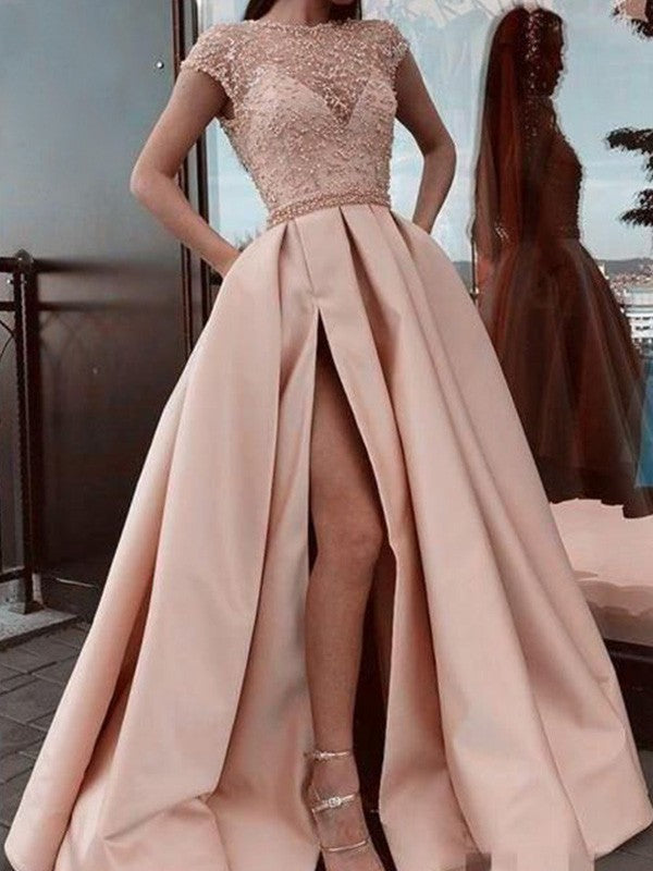 Gorgeous Satin Beading Scoop Short Sleeves  Prom Dress