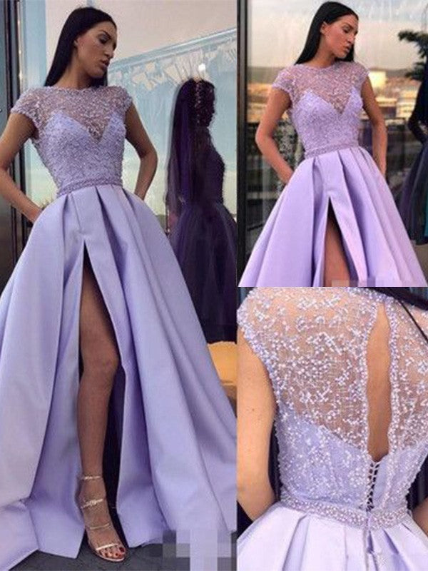 Gorgeous Satin Beading Scoop Short Sleeves  Prom Dress