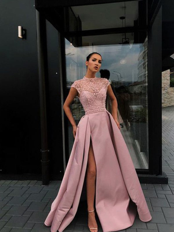 Gorgeous Beading Satin Scoop Short Sleeves  Prom Dress